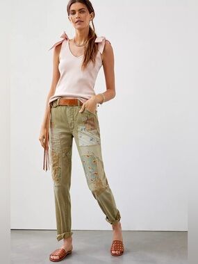 NWOT Anthropologie Pilcro Wanderer Barrel Jeans Sage Green Patchwork Boho